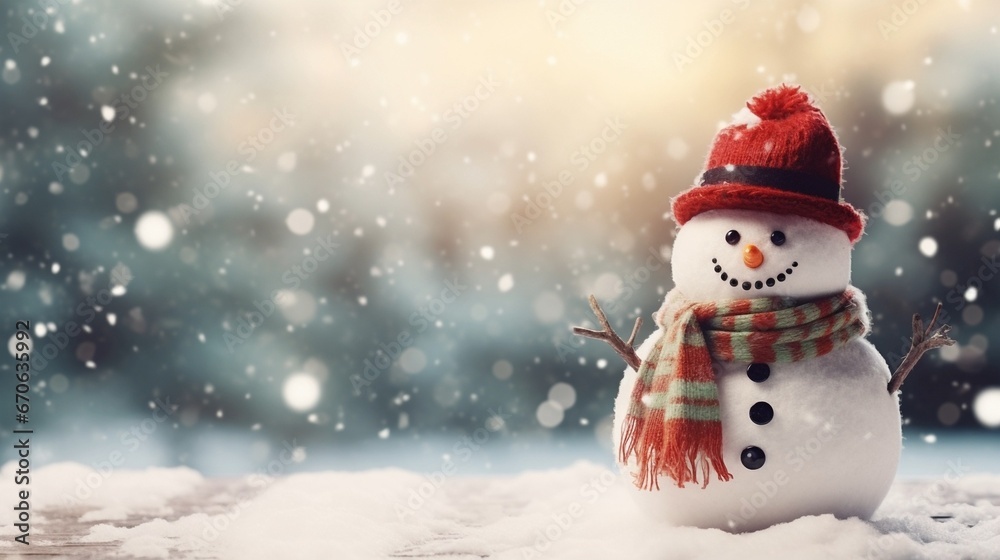 Christmas wallpaper of happy snowman with red scarf standing in snow background