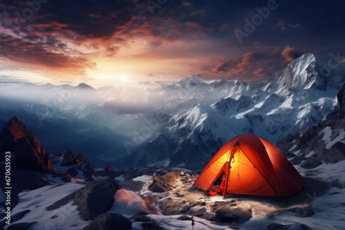 Camping with tent in mountains at night in winter. Hiking adventure © Photocreo Bednarek