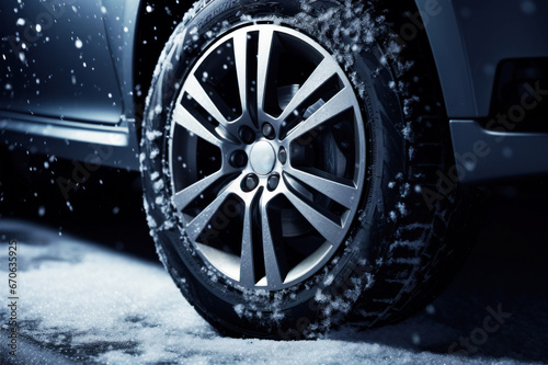 Car driving with winter wheels and tires during snow blizzard