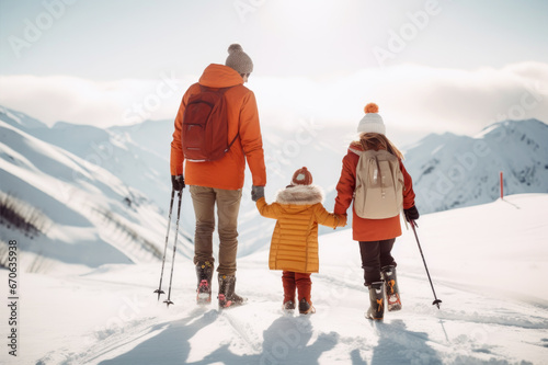 Father with two children walking in high mountains in winter