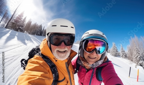 Senior active couple ski in mountains