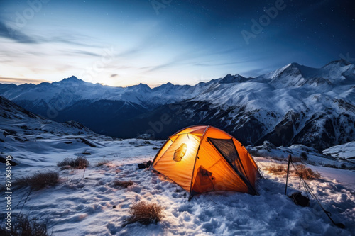Camping with tent in mountains at night in winter. Hiking adventure
