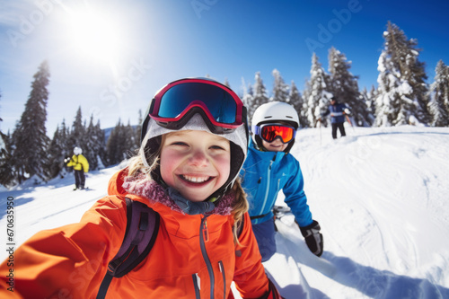 Children skiing in the mountains, happy wintertime, winter break