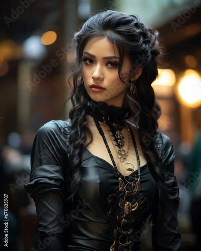 A fierce lady struts through the dark streets, her long hair cascading down her gothic jacket as she proudly wears a bold necklace, exuding confidence and fashion in her unique costume © Envision