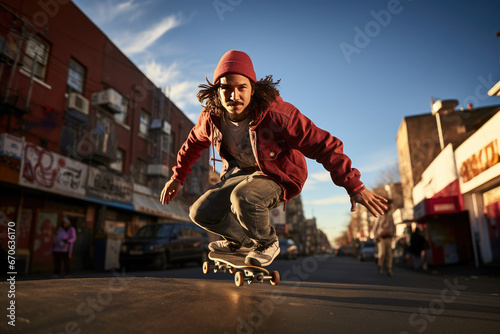 Young man skillfully skateboarding on a city street during sunset, capturing the essence of urban youth culture.