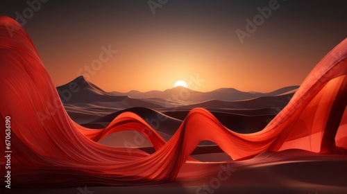 A vibrant red cloth dances in the vast desert, catching the hues of the ever-changing sky as the mountains witness the cycle of sunrise and sunset, an outdoor spectacle of fluid beauty