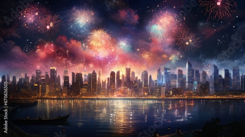 fireworks over night city sky  holiday background  bright colorful lights