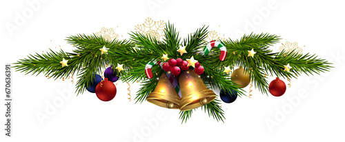 Isolated garland with golden shiny bells,fir branches,design element.