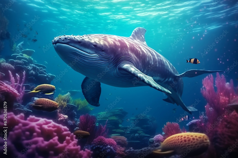 A big whale is swimming in a giant ocean aquarium on beautiful coral reefs. Generative AI