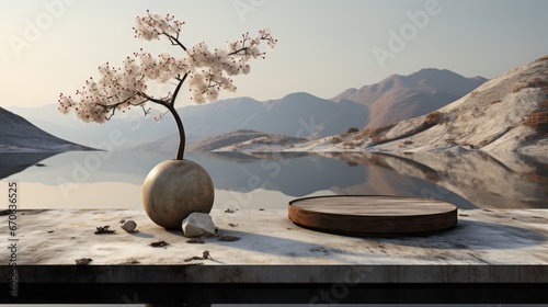 A majestic tree stands tall within a round ball on a table, surrounded by the vastness of the outdoors as the sky and water merge in the distance, with a mountainous landscape framing a serene lake photo
