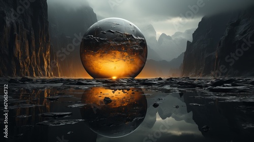 A mesmerizing sight, the silvery sphere glimmers atop the still waters of lake, mirroring misty sky and looming mountains, as if a celestial planet had descended to grace tranquil outdoor scene photo