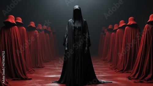 Enshrouded in a flowing black mantle, the mysterious figure's cloak billowed behind them, exuding an air of elegance and power photo