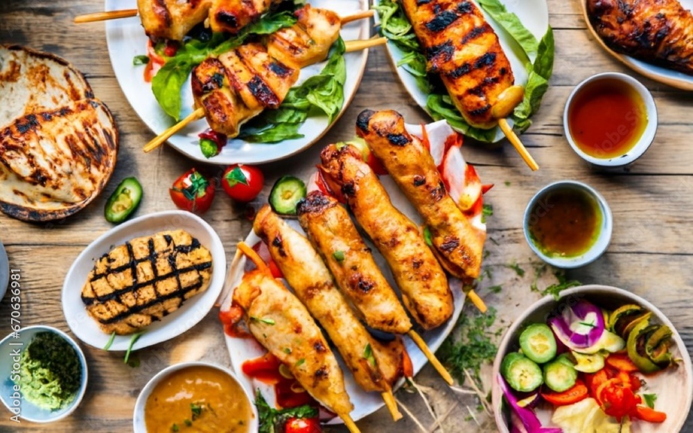 A grilled meat and seafood dish on a vegetable-filled plate.
