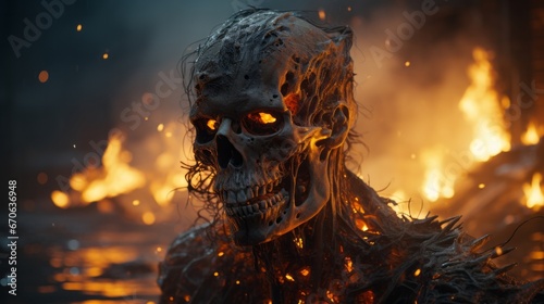 A fiery skull illuminates the night, its blazing heat drawing in all who dare venture outdoors photo