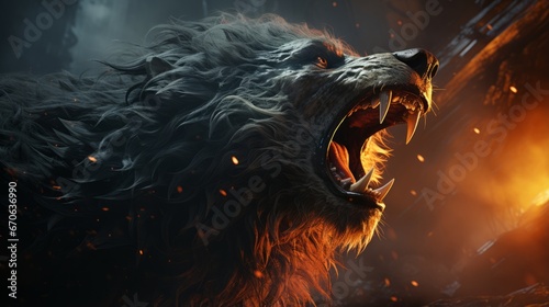In a striking image  a fierce black lion bares its sharp teeth  exuding power and danger in its fluid and wild form