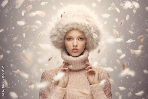 Portrait of a young woman in knitted hat and sweater in falling snow and feathers. Winter season concept.