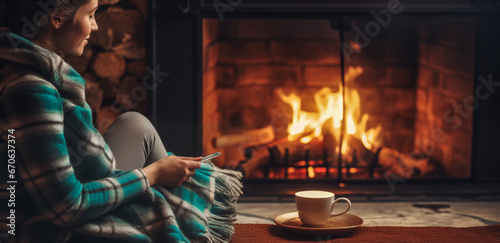 Young woman relaxing with warm cup of tea at modern fireplace. Cozy warm moments at winter. Young female resting
 photo