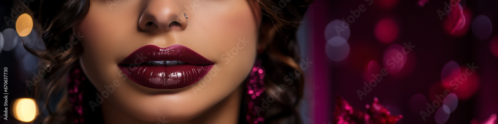 Obraz premium Close-up Red Lips: Model with Burgundy Lipstick, Autumnal Look, Cosmetic Detail.