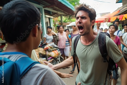 Backpacker in crowd displaying heightened emotions amidst local residents. Cultural misunderstandings. photo