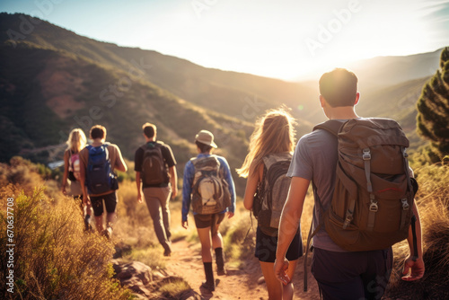 Four backpackers trekking on a mountain path with scenic views of hills bathed in morning sunlight. Nature and hiking.