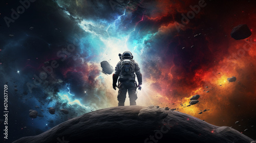 Space background Astronaut standing on reflection surface with colorful fractal nebula generative ai