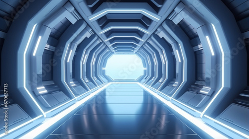 Spaceship corridor. Futuristic tunnel with light, interior view. Future sci-fi science generative ai