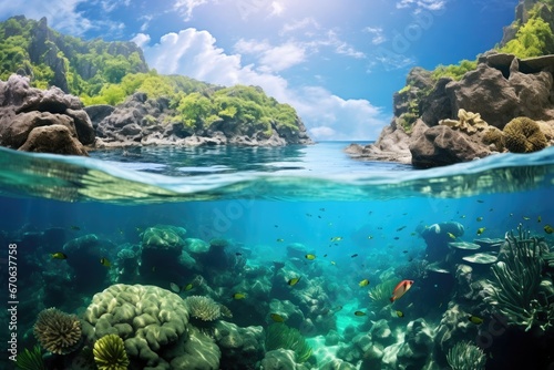 Breathtaking split-level view, showing lush island greenery and vibrant underwater marine ecosystem. Natures dual beauty. © Postproduction