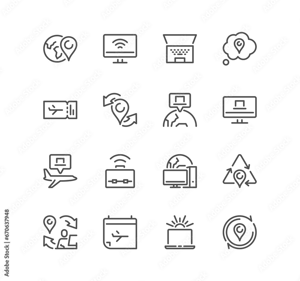 Set of digital nomad related icons, freelancer, distance job, copywriter, backpack, workplace, holiday, journey, experiences and linear variety symbols.	