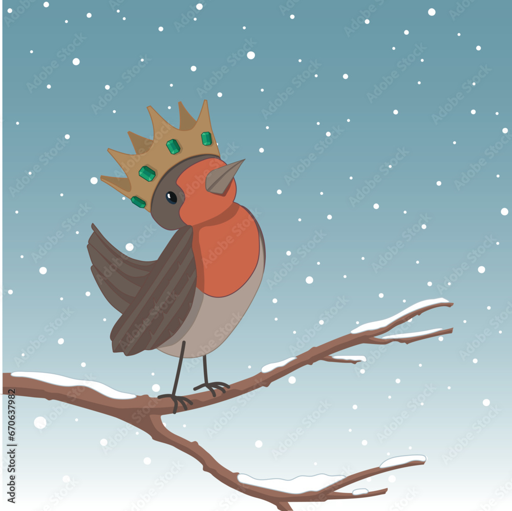 Festive Robin red-breast, wearing a crown, standing on a snowy branch, set against a snowy sky. Editable vector illustration for Christmas card, postcard, social media.