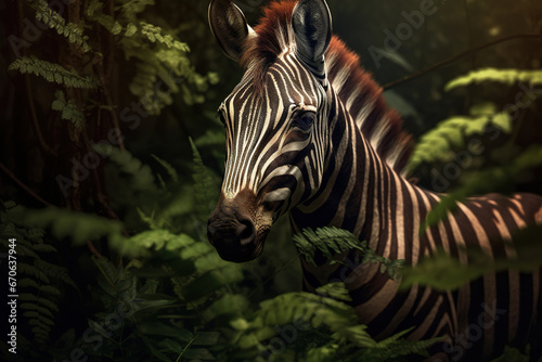 Zebra hiding in the jungle at sunset, photorealistic illustration, generative art