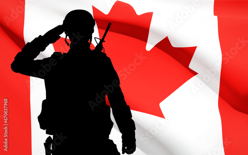 Silhouette of saluting soldier with Canada flag. EPS10 vector