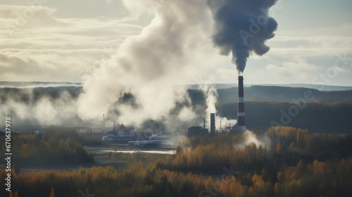 CO2 or carbon dioxide air pollution from factory chimney smokes as environmental problem with unhealthy emissions. Green and lush carbon capture necessity for better future and greener tomorrow. photo