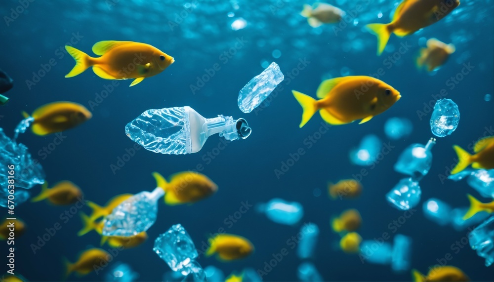 Fototapeta premium Plastic bottles and microplastics: An illustration of ocean pollution