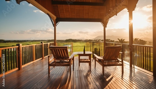 Tranquil sunrise view from wooden veranda at resort  Two armchairs overlooking golf course