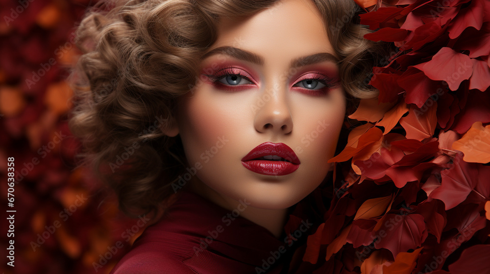 Close-up Red Lips: Model with Burgundy Lipstick, Autumnal Look, Cosmetic Detail. Close-up Red Lips: Model with Burgundy Lipstick, Autumnal Look, Cosmetic Detail.