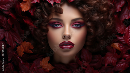Close-up Red Lips  Model with Burgundy Lipstick  Autumnal Look  Cosmetic Detail.