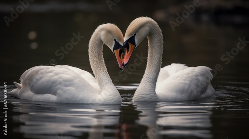 Two swans swimming in the lake. The mute swan, Cygnus olor. Wildlife Concept With Copy Space