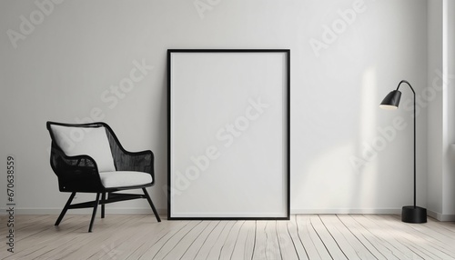 Vertical black frame poster mockup  Set against a white wall interior