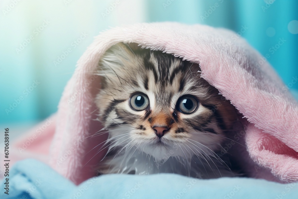 Cute wet tabby kitten wrapped in a pink towel on blue background. Washing pets.