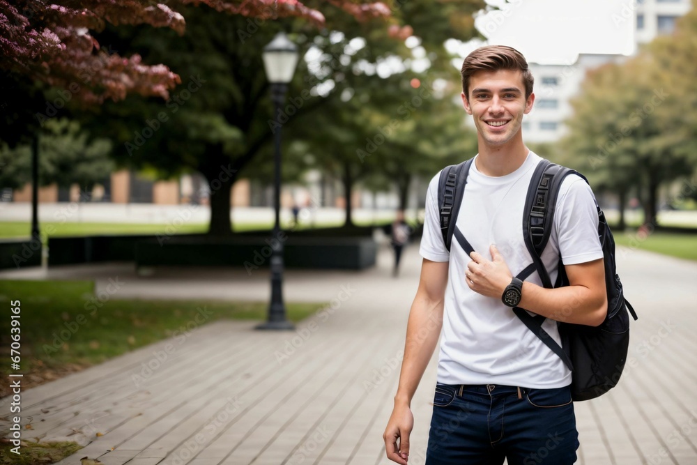 College campus outdoors portrait of male caucasian student smiling and carrying school bags, education College campus outdoors portrait of male caucasian student smiling and carrying school bags, education