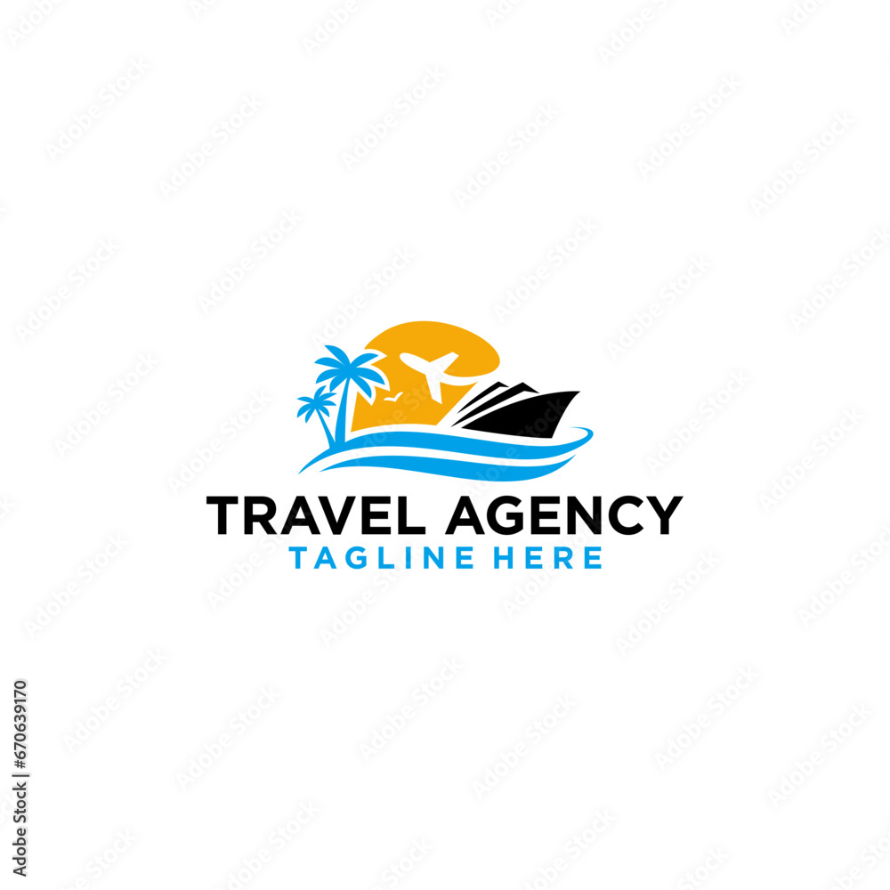 Travel agent logo design. Vector illustration,  travel and tour, landscape, sun, airplane, palm, beach and cruise ship logotype