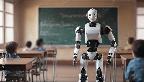 Pupils learning about science and artificial intelligence technology from humanoid education robot teacher in front of a school classroom chalkboard