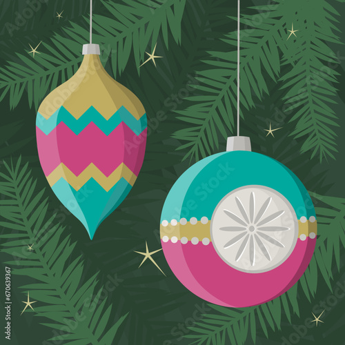 Vintage Baubles, Christmas Tree Decorations against background of spruce and twinkly lights. Editable vector illustration