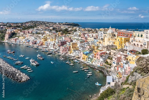 Stunning coastline of the port of Corricella in Procida  famous for its vibrantly colorful housing