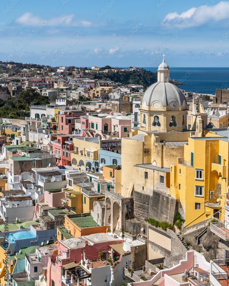 Stunning coastline of the port of Corricella in Procida, famous for its vibrantly colorful housing