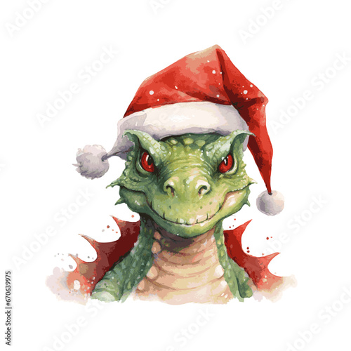 Green dragon with wings in Santa Claus red hat and with gift boxes for greeting invitation card, Chinese new year symbol