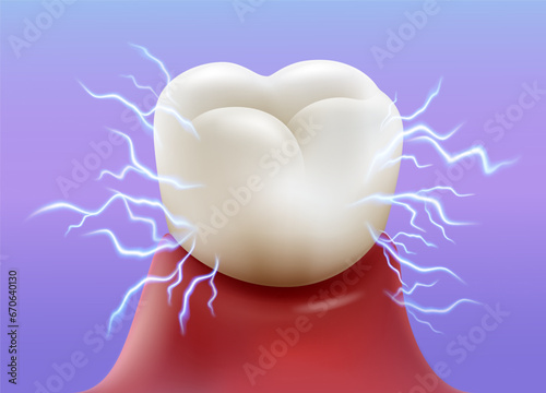 Tooth sensitivity from the health of the tooth roots and gums. Pain concept on lightning background. Realistic vector illustration.