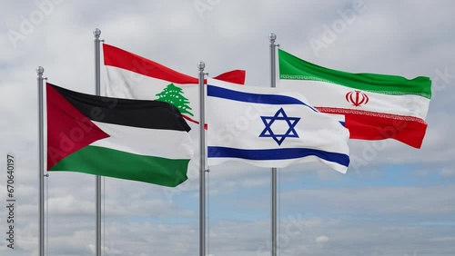 Israel, Iran, Lebanon and Palestine flags waving in the wind photo