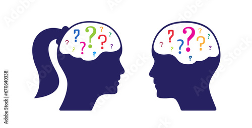 Human head, man, woman, brain question mark vector graphic isolated on white. Business concept illustration to use in questioning, asking, brainstorming, intelligence, psychology concept projects.