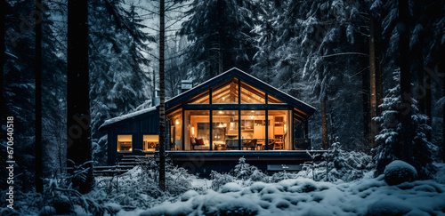 A cozy wooden cabin cottage chalet house covered in snow in winter forest with the lights turn on photo